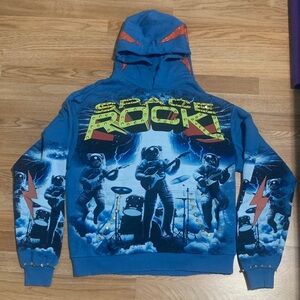 Men Blue Graphic Rock Hoodie Jacket